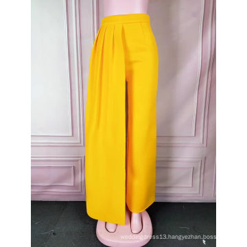 Yellow Pleated High Waist Elastic Zipper Ruffled Women Wide Leg Pants